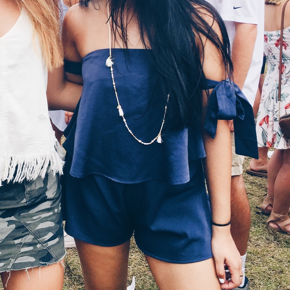 The Impeccable Pig Blue off the shoulder romper